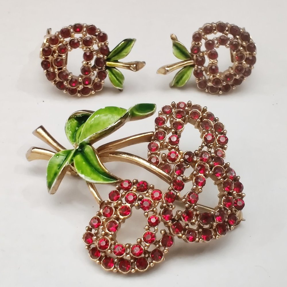 Vintage Cherries Earrings Brooch Set Rhinestone